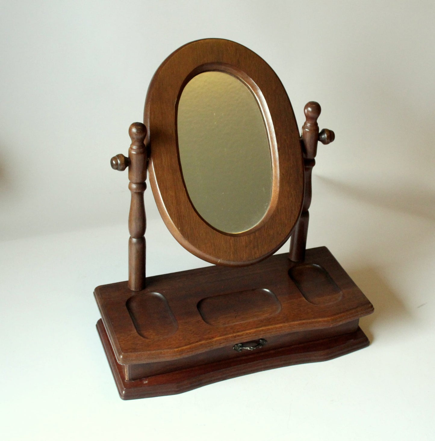 Vintage Schminkspiegel aus Holz und Glas mit Schublade