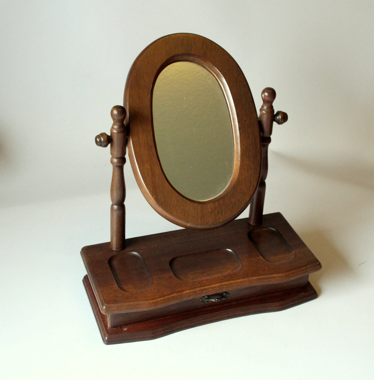 Vintage Schminkspiegel aus Holz und Glas mit Schublade
