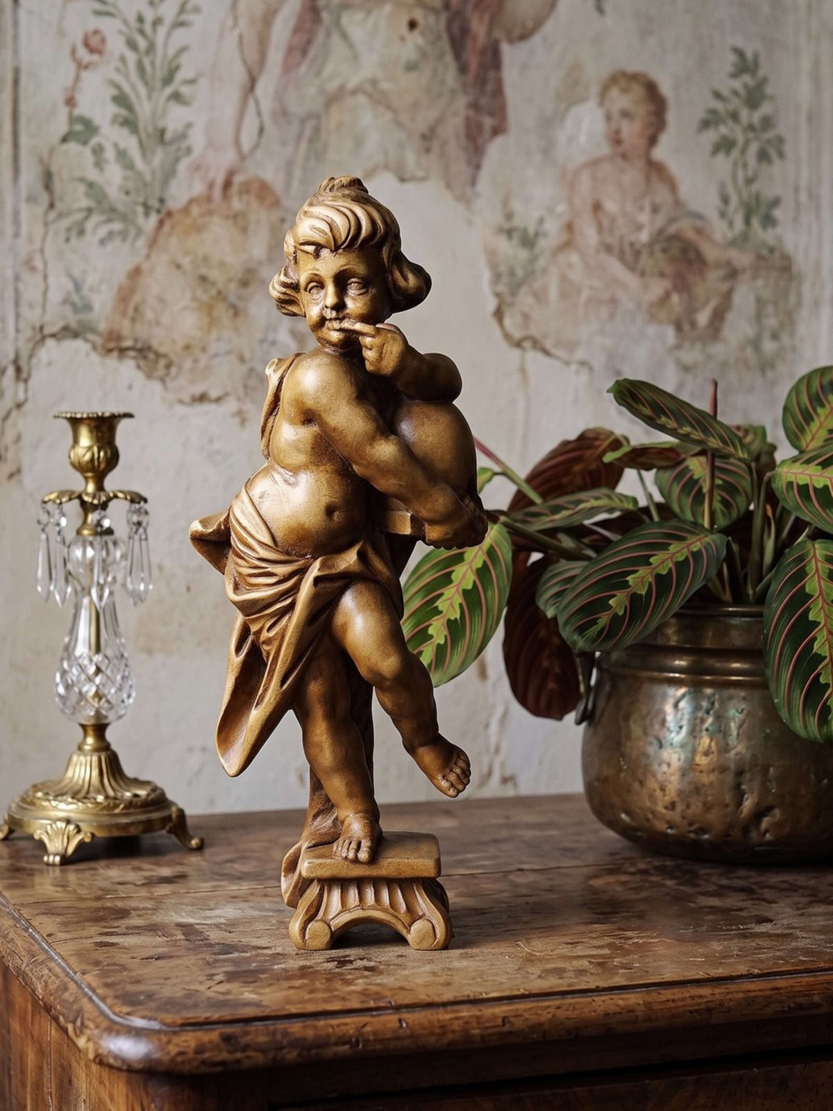 Vintage Skulptur Putto "Honigschlecker" nach Joseph Anton Feuchtmayer, Holz
