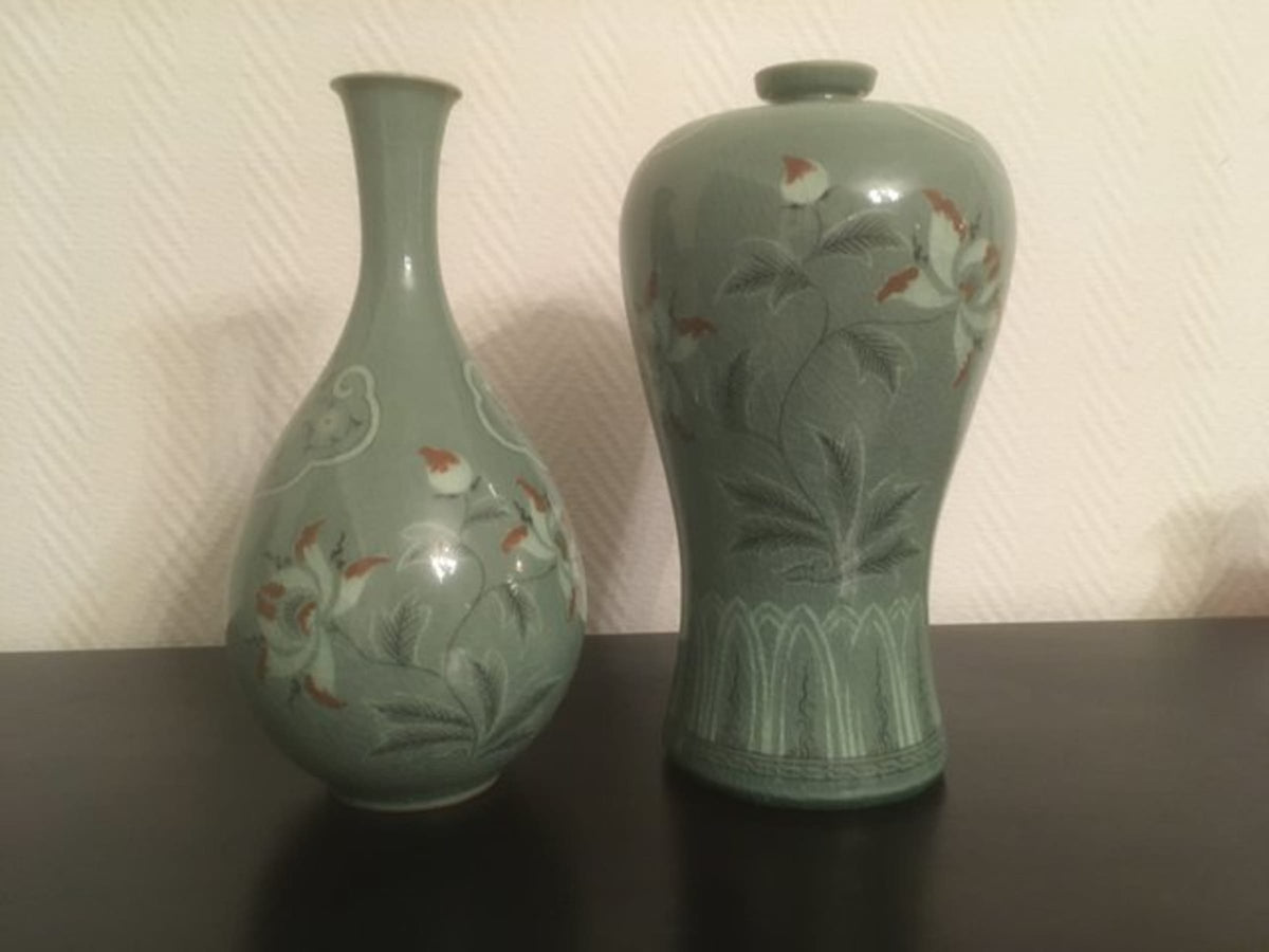 Vintage Vase Set von 2 Korea Porzellan Krakelee Seladongrün