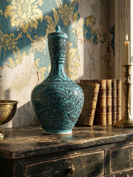 Vintage Vase Iznik Türkis von persisch Schwarzdekor Glasurkeramik