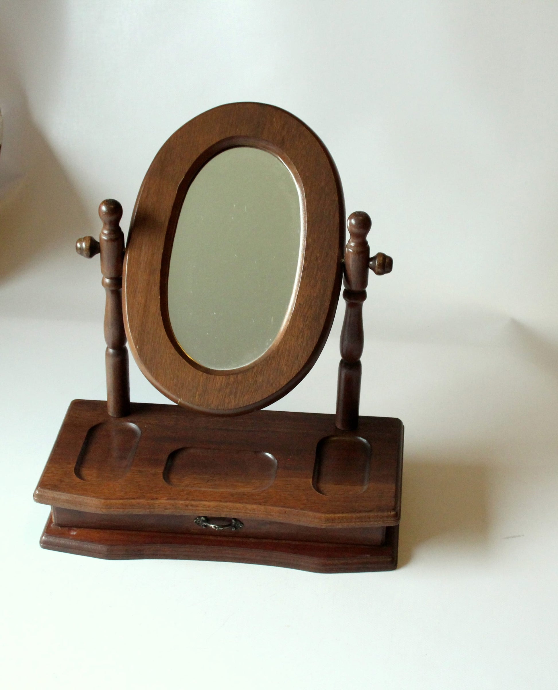 Vintage Schminkspiegel aus Holz und Glas mit Schublade