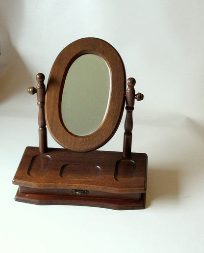 Vintage Schminkspiegel aus Holz und Glas mit Schublade