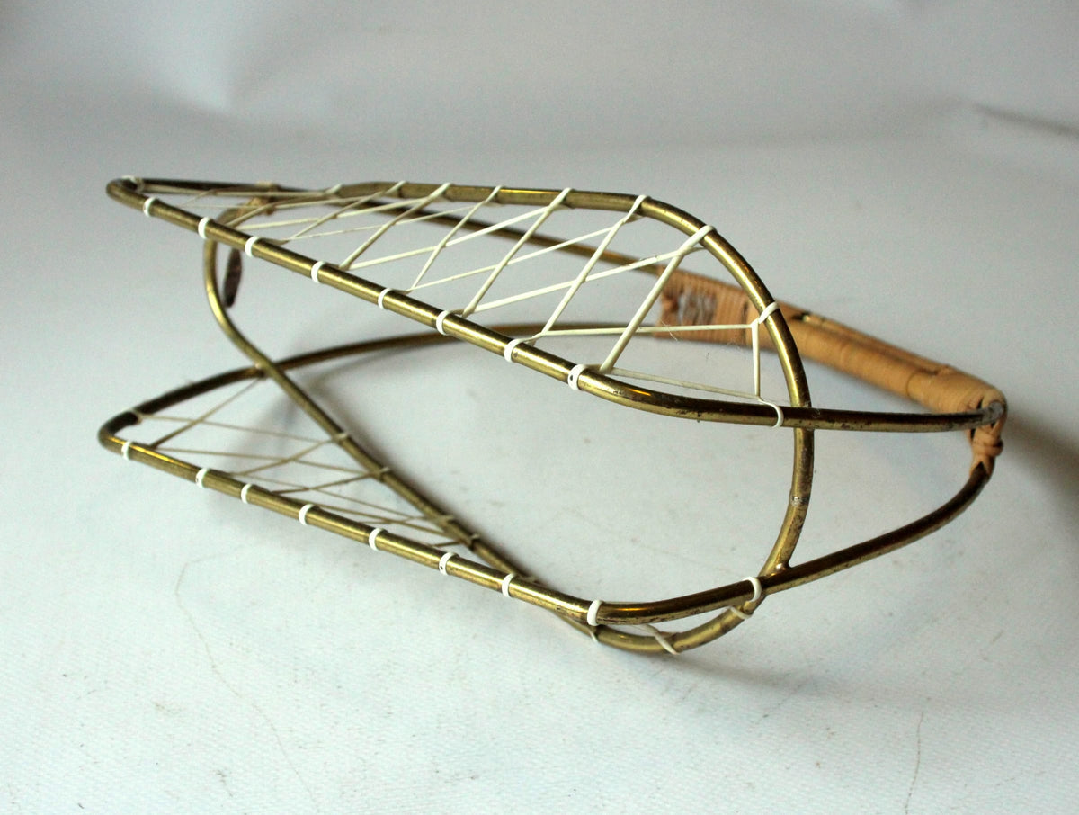 Vintage Flaschenkorb Messing und Rattan, Mid-Century