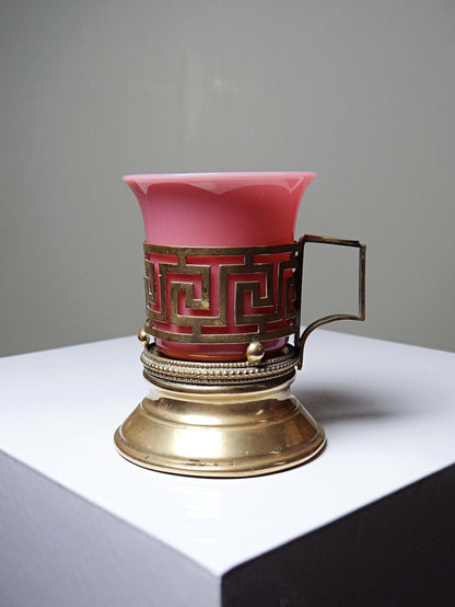 Vintage Kerzenhalter aus rosa Opalglas und vergoldetem Messing, 19. Jahrhundert