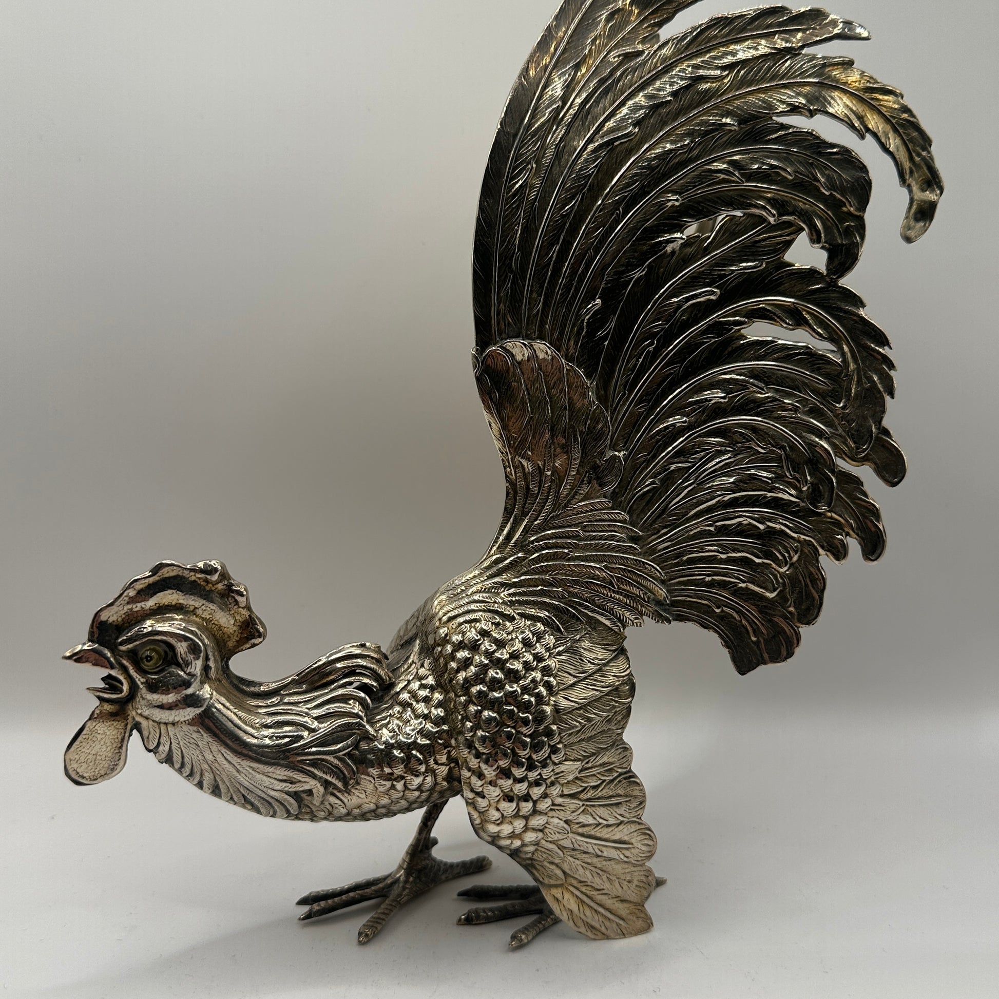 Vintage Silberfigur Set von 2 Hahn und Henne, fein graviert, massiv, dekorativ, Sammlerobjekt
