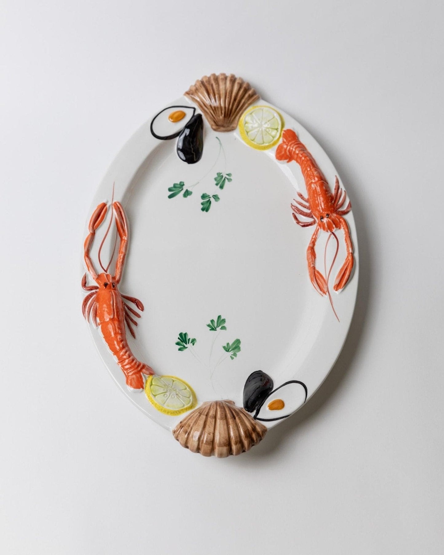 Vintage Keramikteller Meeresfrüchte Relief von Siro Italien 1980er Weiß