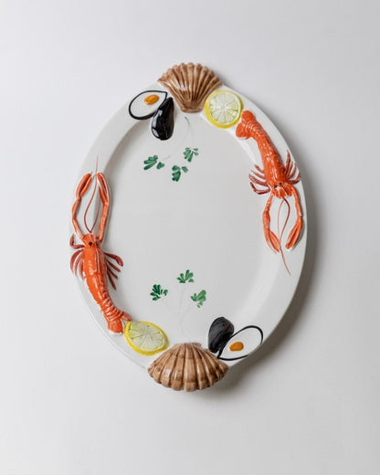 Vintage Keramikteller Meeresfrüchte Relief von Siro Italien 1980er Weiß