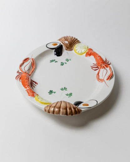 Vintage Keramikteller Meeresfrüchte Relief von Siro Italien 1980er Weiß