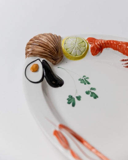 Vintage Keramikteller Meeresfrüchte Relief von Siro Italien 1980er Weiß