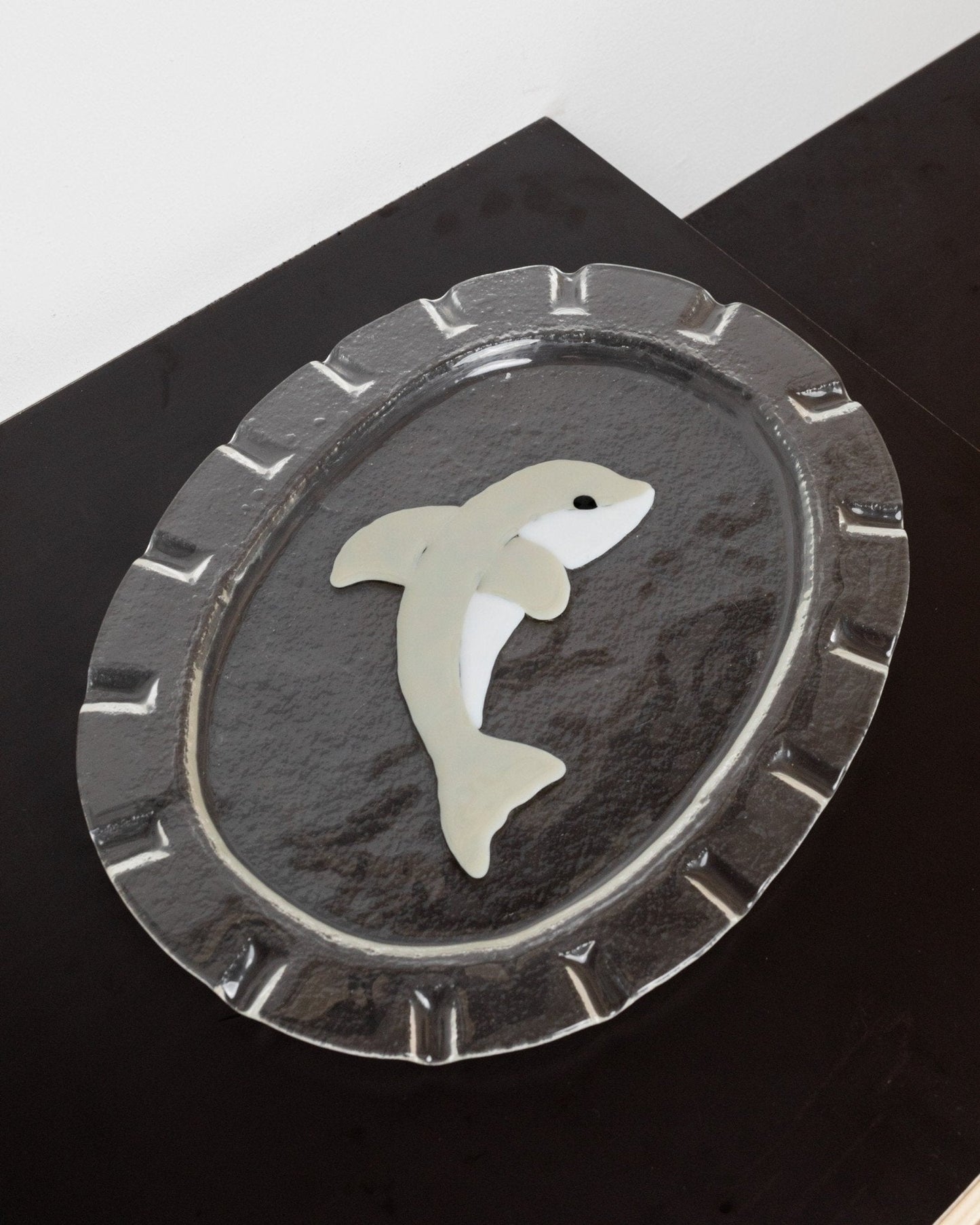 Vintage Glasschale Dolphin Murano oval von Italien 1980er, Delfin Dekor, Servierplatte