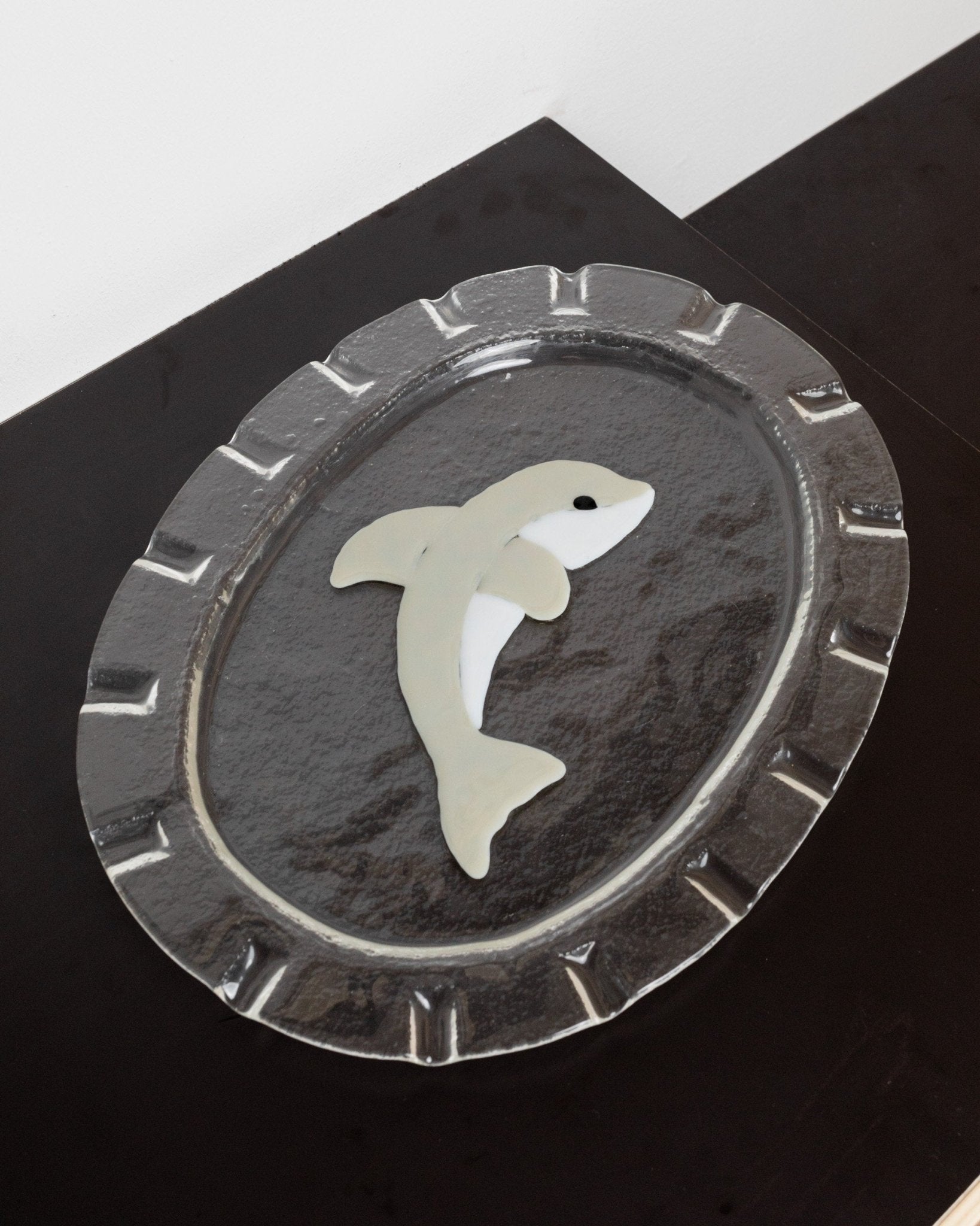 Vintage Glasschale Dolphin Murano oval von Italien 1980er, Delfin Dekor, Servierplatte