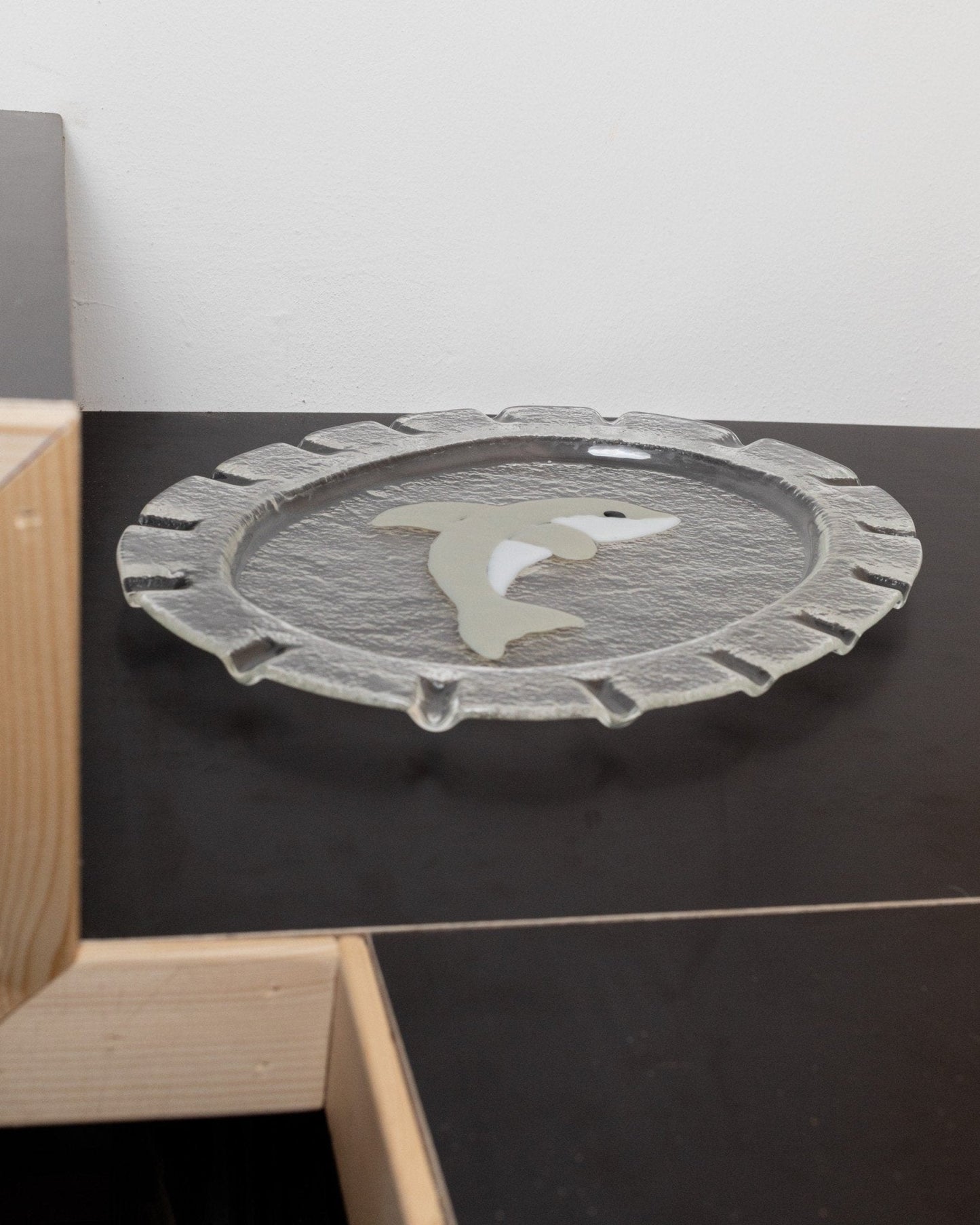 Vintage Glasschale Dolphin Murano oval von Italien 1980er, Delfin Dekor, Servierplatte