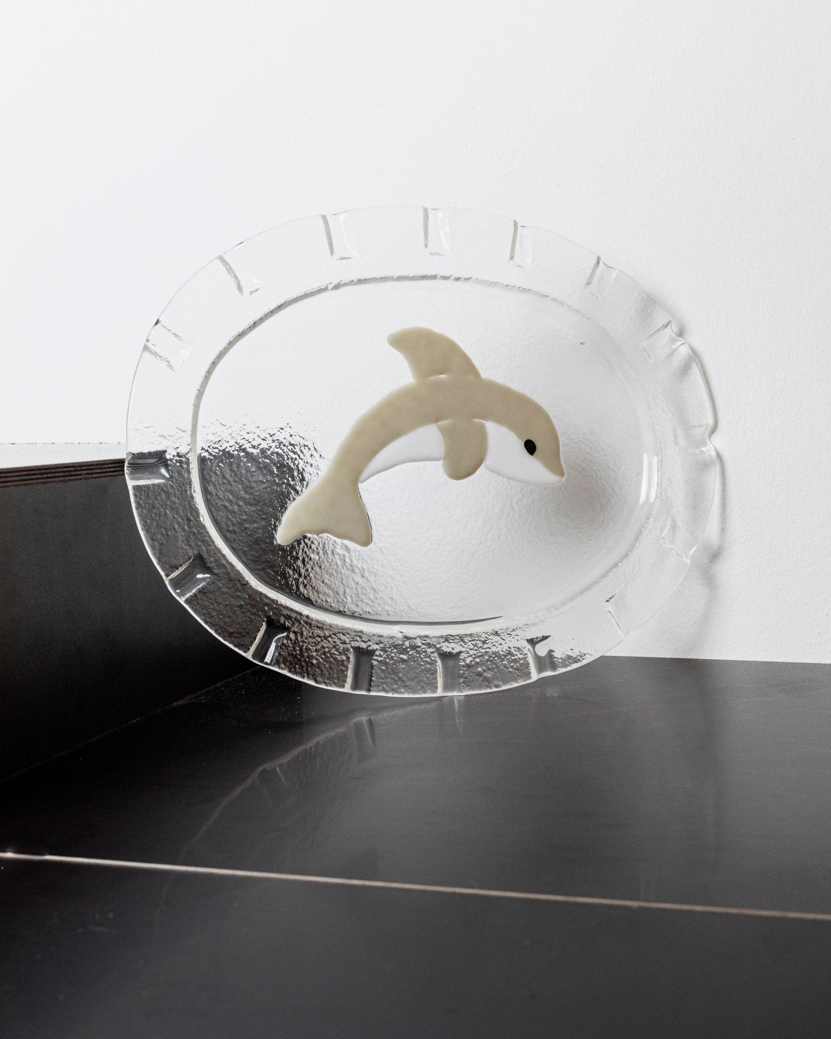 Vintage Glasschale Dolphin Murano oval von Italien 1980er, Delfin Dekor, Servierplatte