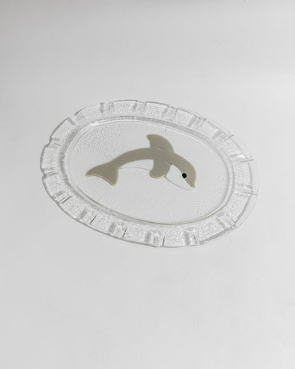 Vintage Glasschale Dolphin Murano oval von Italien 1980er, Delfin Dekor, Servierplatte