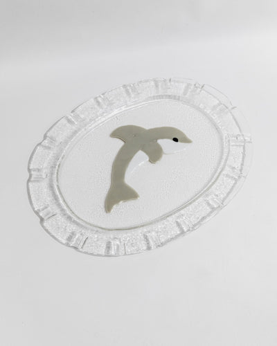 Vintage Glasschale Dolphin Murano oval von Italien 1980er, Delfin Dekor, Servierplatte