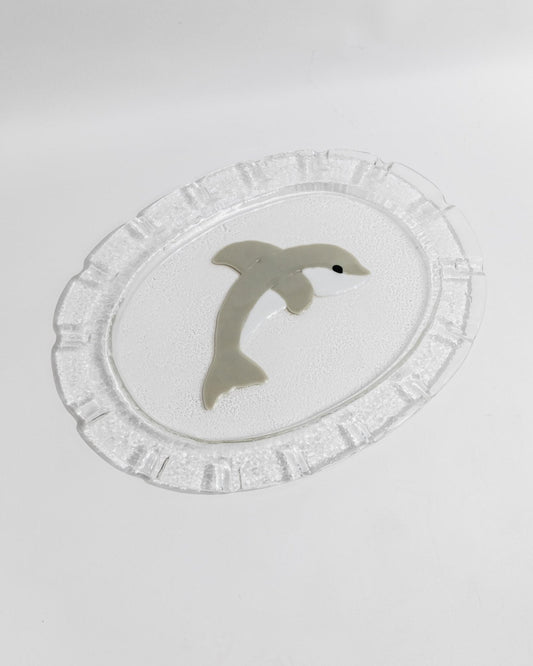 Vintage Glasschale Dolphin Murano oval von Italien 1980er, Delfin Dekor, Servierplatte