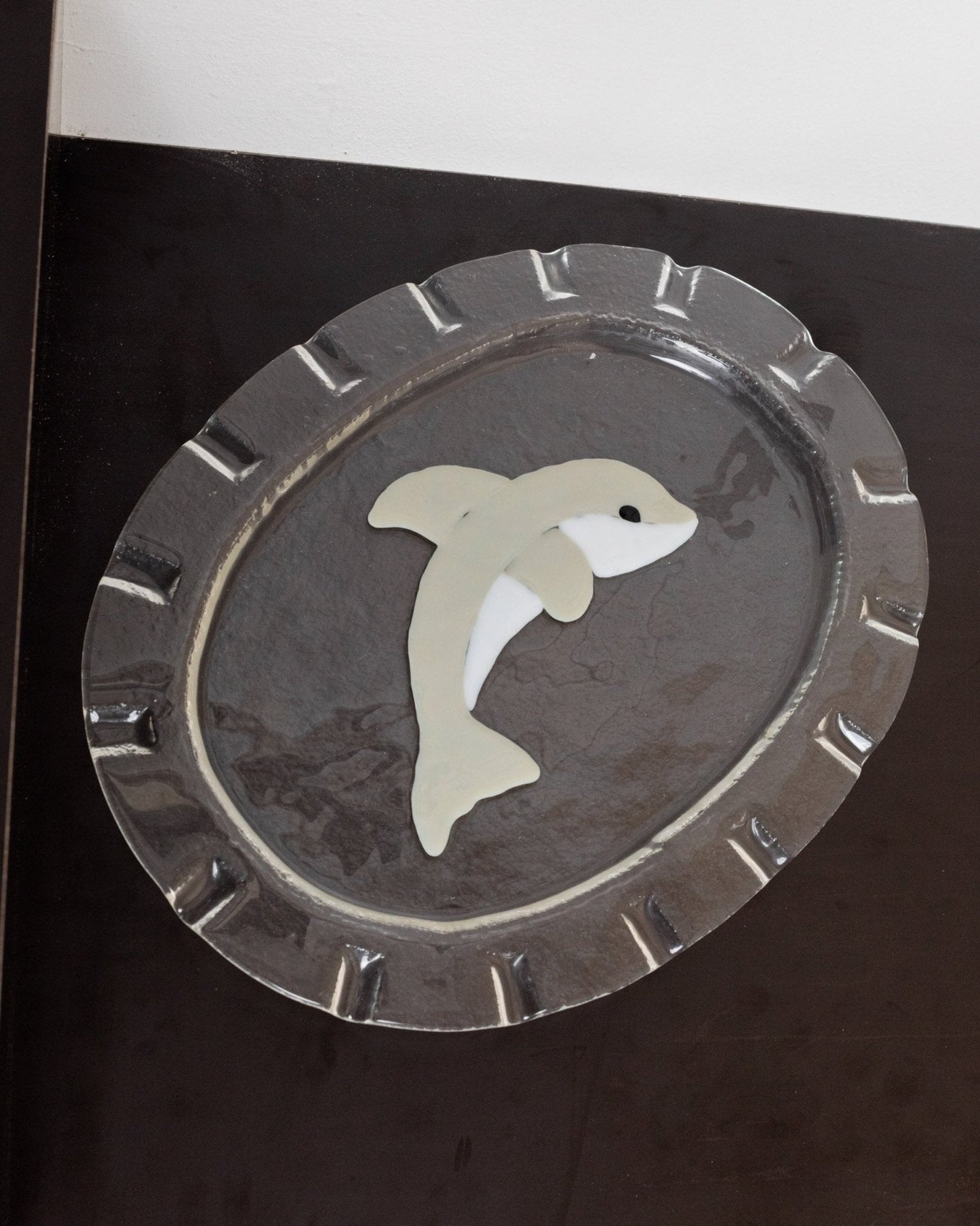 Vintage Glasschale Dolphin Murano oval von Italien 1980er, Delfin Dekor, Servierplatte