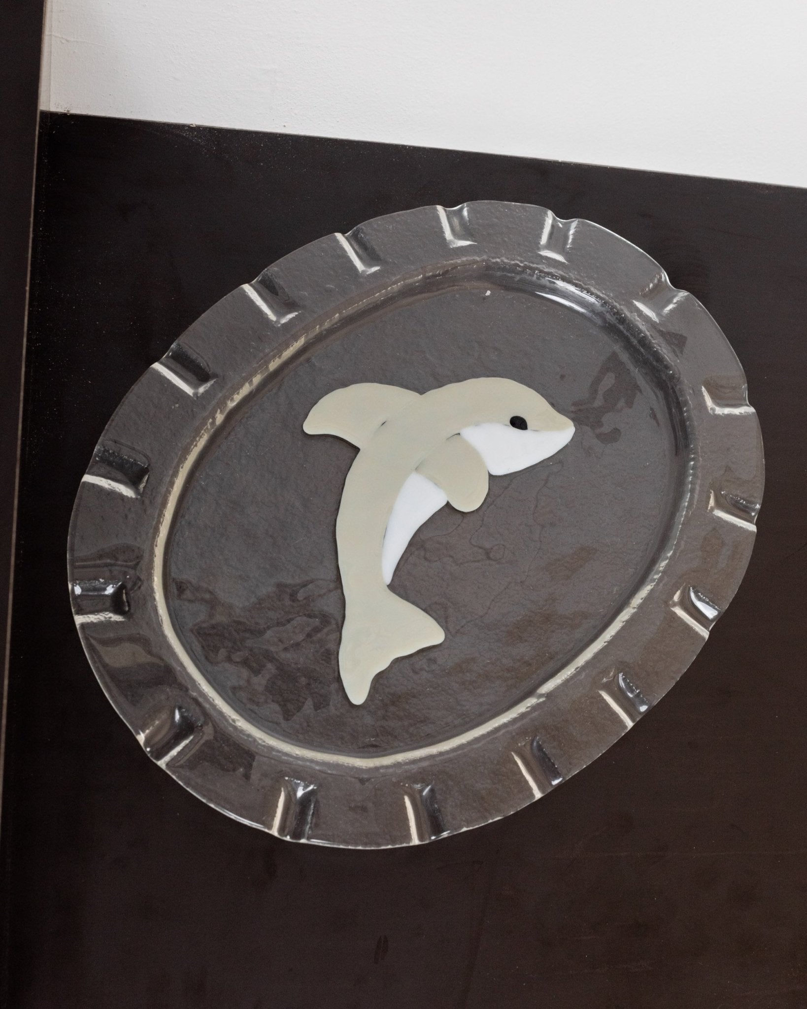 Vintage Glasschale Dolphin Murano oval von Italien 1980er, Delfin Dekor, Servierplatte