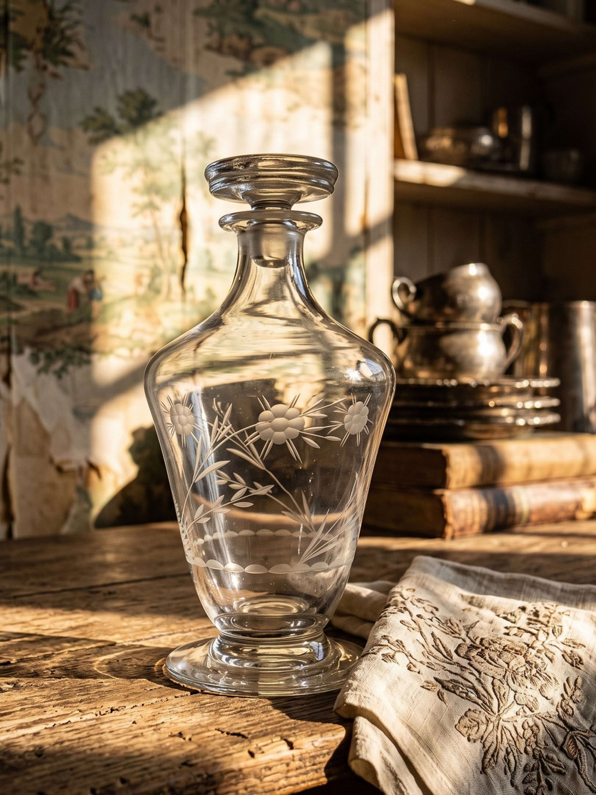 Vintage Karaffe aus böhmischem Kristall, graviert, Art Nouveau
