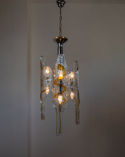 Vintage XXL Murano Glas Kronleuchter von Toni Zuccheri für Mazzega klar bernsteinfarben verchromt