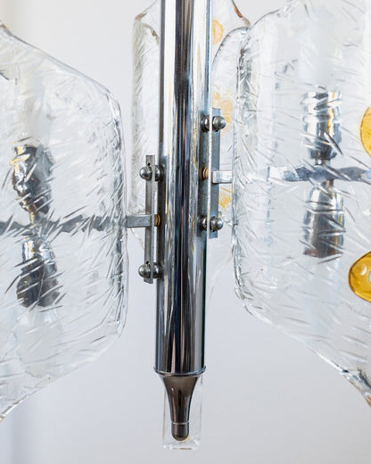 Vintage XXL Murano Glas Kronleuchter von Toni Zuccheri für Mazzega klar bernsteinfarben verchromt