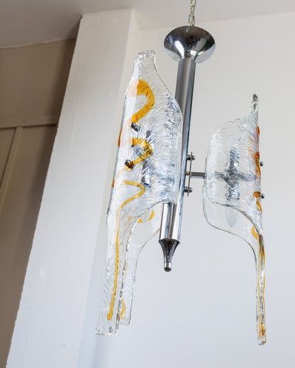 Vintage XXL Murano Glas Kronleuchter von Toni Zuccheri für Mazzega klar bernsteinfarben verchromt