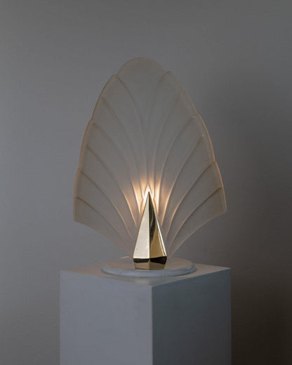 Vintage Murano Glass Table Lamp Leaf Shape White Gold Metal Base Italy 1980s