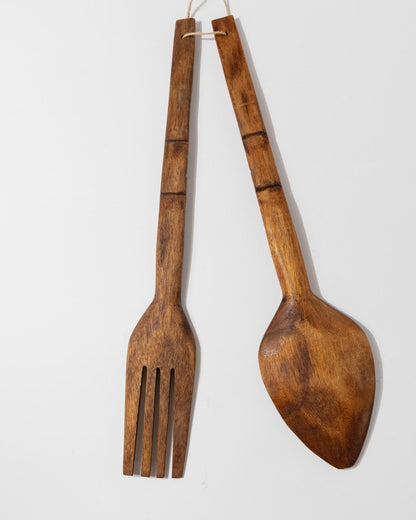 Vintage Wanddeko Set von 2 Holzbesteck Löffel und Gabel Italien 1960er