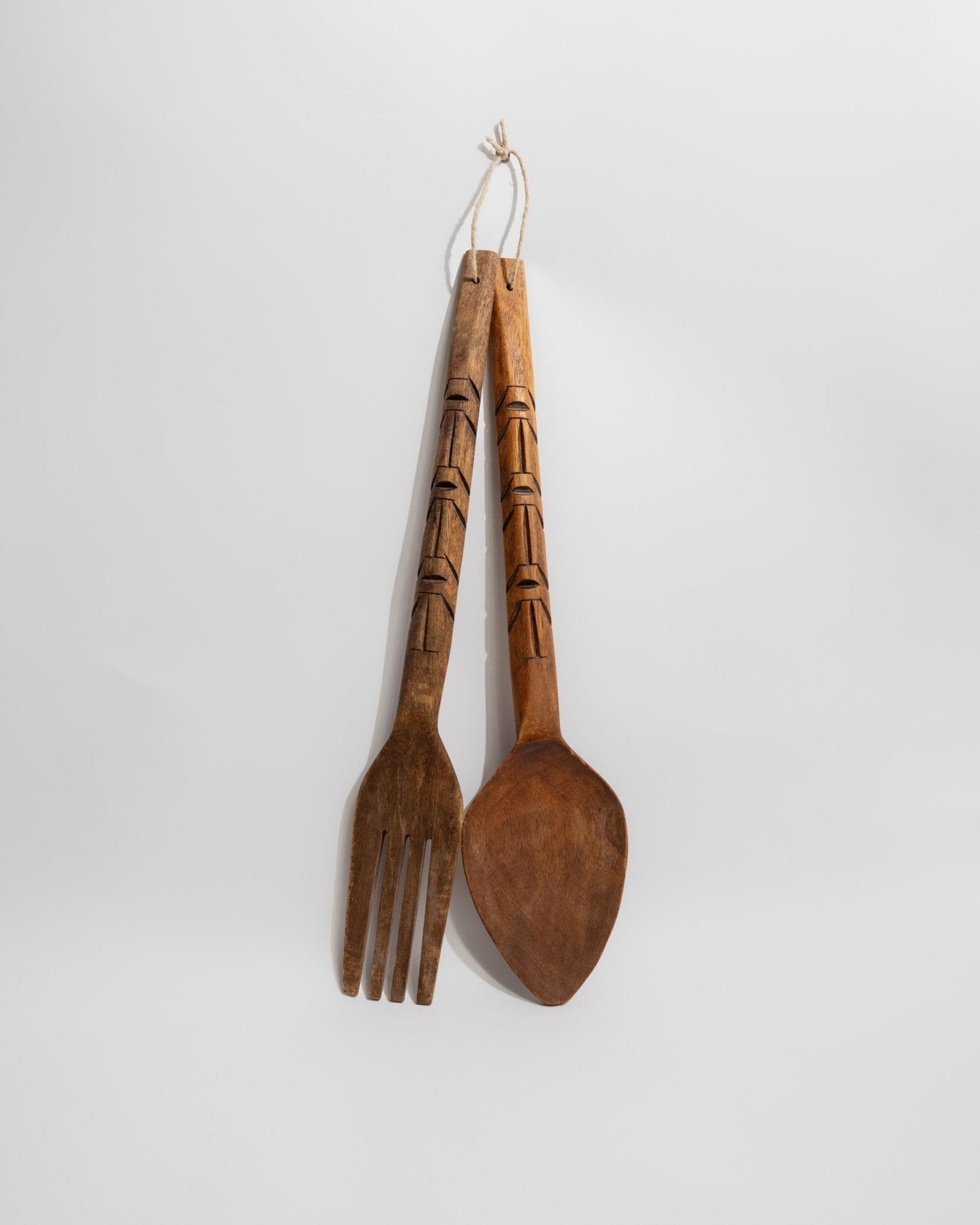 Vintage Wanddeko Set von 2 Holzbesteck Löffel und Gabel aus Italien