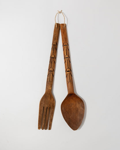 Vintage Wanddeko Set von 2 Holzbesteck Löffel und Gabel Italien 1960er