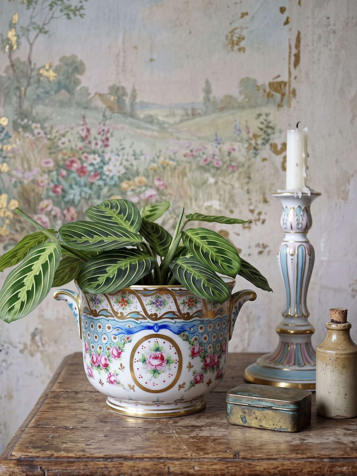 Vintage Porzellan-Übertopf von M. Carpezat Limoges, handbemalt, Art Nouveau