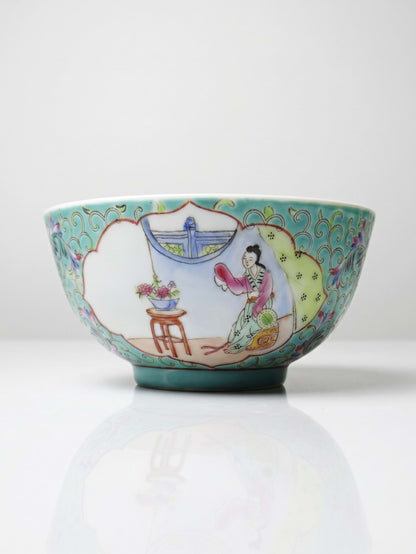 Vintage Porzellanschale Famille Rose Jingdezhen, Damen-Motiv 60er