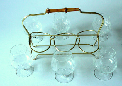 Set von 6 Vintage Cognacgläsern im Messingständer