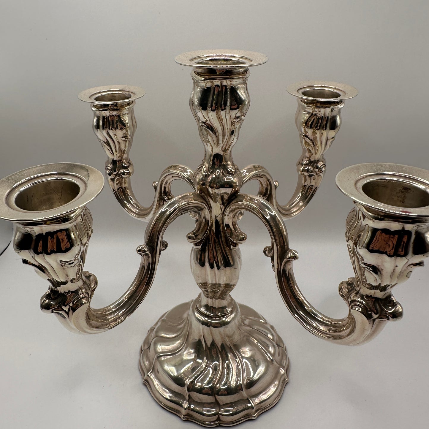 Vintage Kerzenleuchter fünfarmig aus massivem 925er Silber, Barockstil, schöne Silberpatina