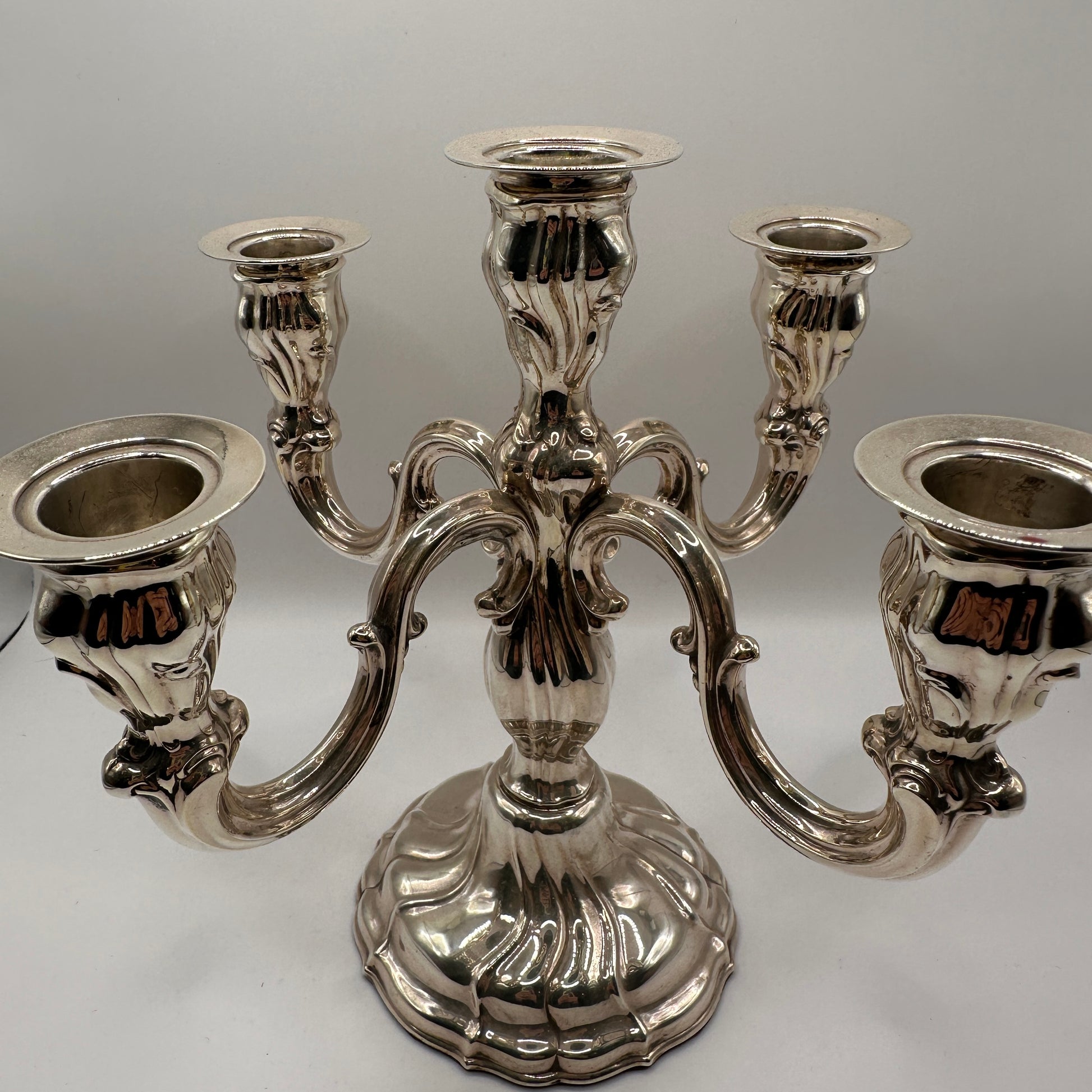 Vintage Kerzenleuchter fünfarmig aus massivem 925er Silber, Barockstil, schöne Silberpatina