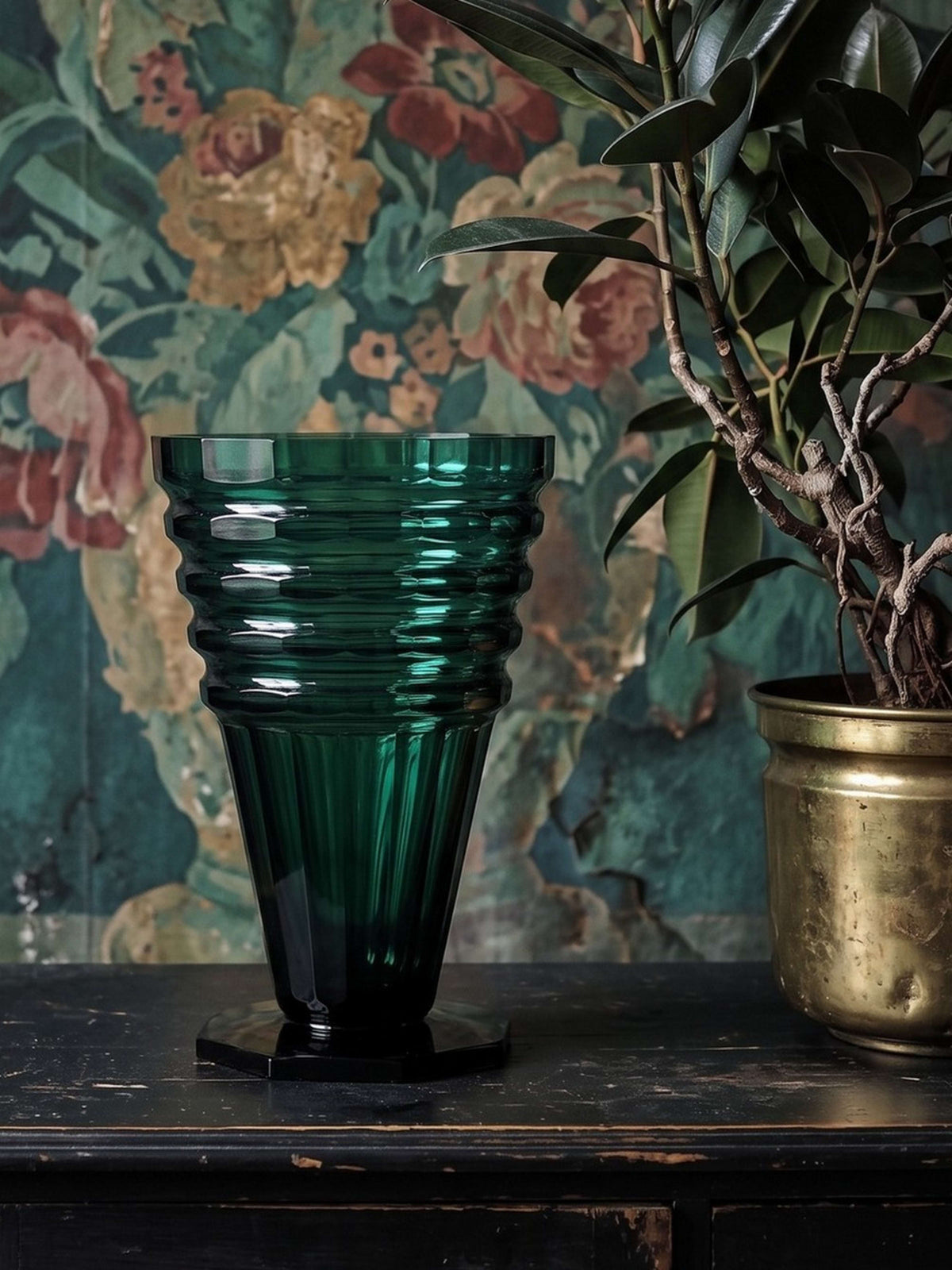 Antike Art Déco Kristallvase Smaragdgrün, Böhmen 1920-1930
