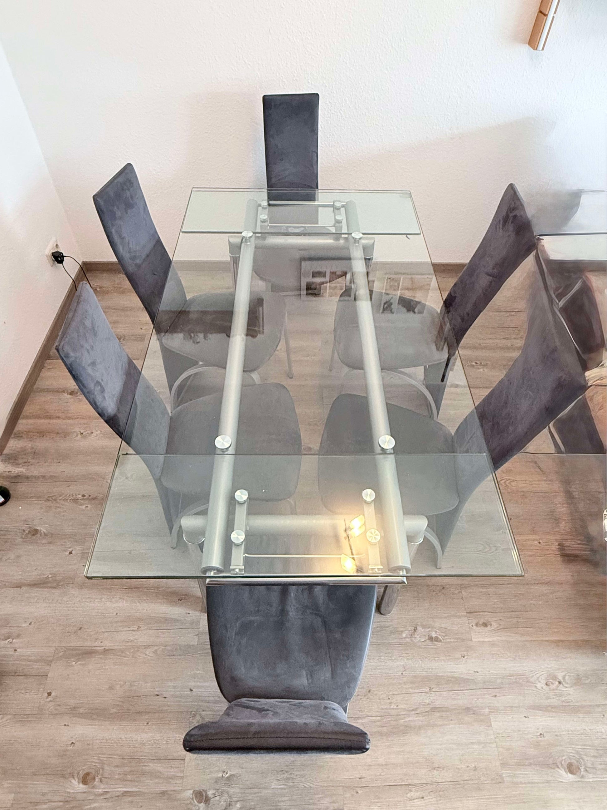 Vintage Esstischset ausziehbarer Glastisch von Möbel Hesse und Stuhl Set von 6, guter Zustand