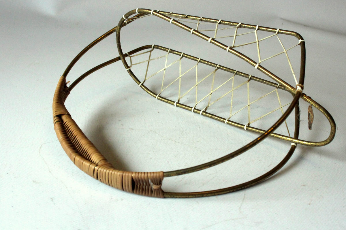 Vintage Flaschenkorb Messing und Rattan, Mid-Century