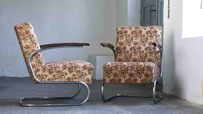 Vintage Sessel S 411 Blumenmuster von Thonet Chrom, Stoff